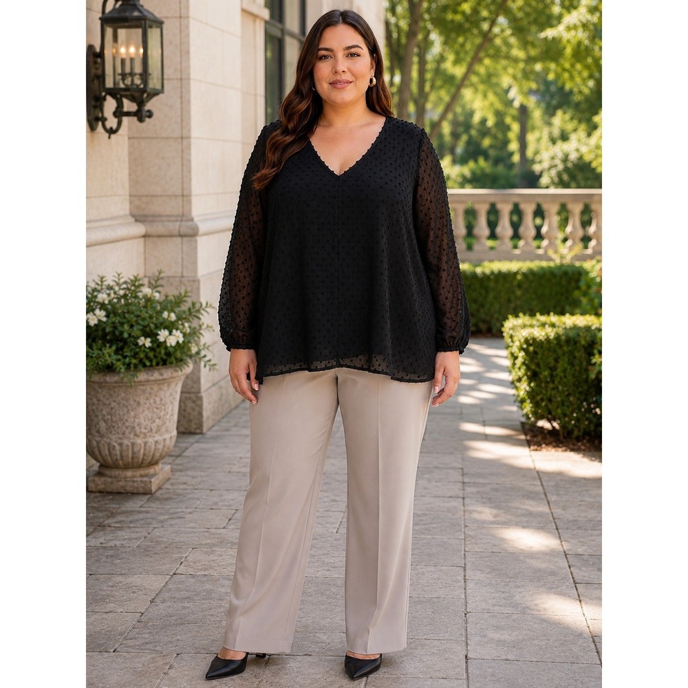 J.Crew Black Swiss Dot Sheer Blouse XXL Long Sleeve V-Neck Flowy Top Textured